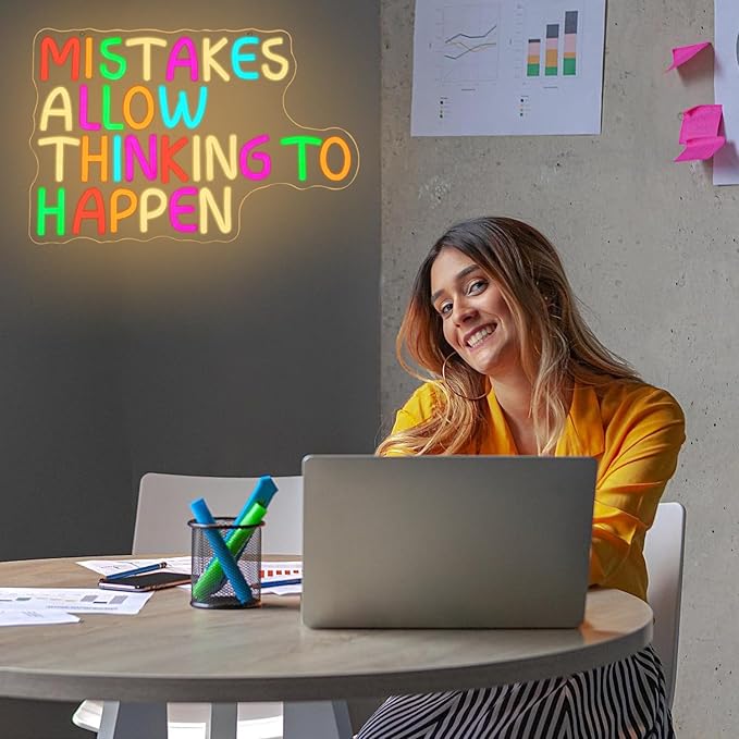 Mistakes Allow Thinking To Happen Neon Sign for Classroom Office Neon Light Colorful Letter Neon Light Sign Sayings Led Neon Lights for Office Classroom Bedroom Library Decoration