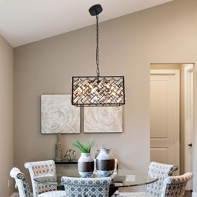 Modern Crystal Chandelier, 6-Light Black Chandeliers for Dining Room with Adjustable Chain, 51 Inch Ceiling Light Fixture for Bedroom, Foyer (Bulbs Not Included)