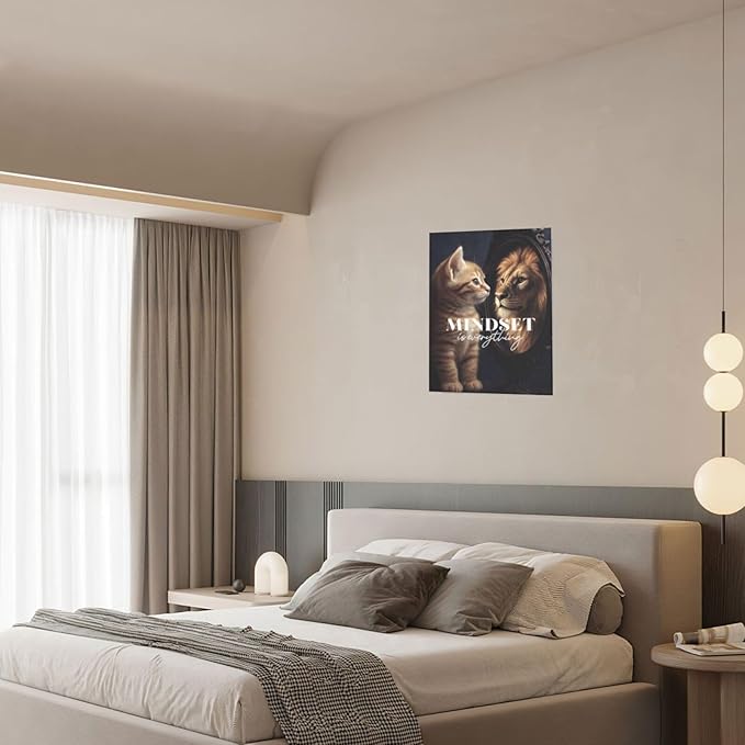 Motivational Lion And Cat Wall Art For Kids Mindset Is Everything Nursery Canvas Wall Decor Inspirational Pictures Paintings Prints Artwork Framed Decorations For Children's Room Bathroom Bedroom Living Room Office Gifts 12" x 16"