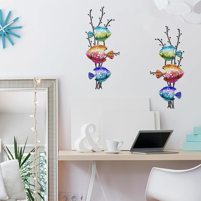 Landhoow 2 Pcs Coastal Wall Decor Metal Fish Wall Art Beach Ocean Sea Tropical Fish Art Nautical Hanging Sculpture for Summer Party Favor Indoor Outdoor Bedroom Living Room Kitchen