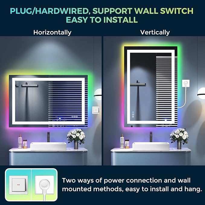 48x32 Inch RGB LED Bathroom Mirror Front Light and RGB Backlit Lighted Vanity Mirror for Bathroom Wall Mounted Dimmable Anti Fog Memory Shatter-Proof IP54 Waterproof Horizontal/Vertical