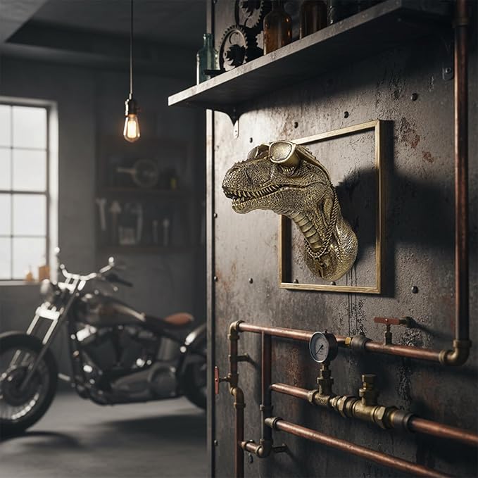 JJALIGHTS Exquisite Resin Animal Head Wall Sculpture (Gift Metal Frame) - Imitation Copper Vintage Decor for Living Room, Bedroom & Office | Decorative Wall Hanging Art (Dinosaur)