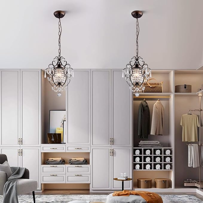 Modern Mini Crystal Chandelier,Iron Bronze Crystal Light Fixtures Ceiling Mount 1 Light Small Chandeliers for Bedroom Elegant Hanging Lighting for Girls Room Dining Room Closet Kitchen Island