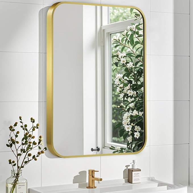 Matte Gold Mirror, 20x30 Inch Brushed Gold Mirror, Aluminum Alloy Framed Vanity Mirror, Rounded Rectangle Bathroom Mirror for Over Sink, Anti-Rust Wall Mirror (Horizontally or Vertically)