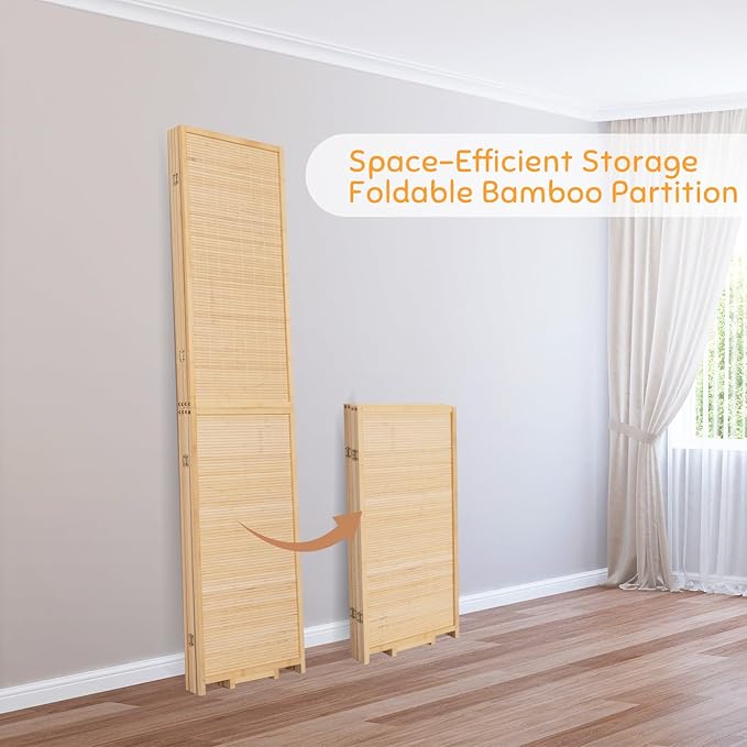 Bamboo Room Divider Folding Privacy Screens, Wall Divider for Room Separation, Portable Room Partitions and Dividers, 5.6FT Bamboo Mesh Woven Room Divider Panel (Beige, 4 Panel)