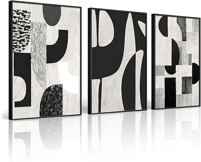 Large Framed Black and White Abstract Wall Art for Living Room, 3 Piece Modern Canvas Prints Paintings Artwork for Walls, Minimalist Geometric Pictures for Entryway Hallway Office Wall Decor 24x36 In