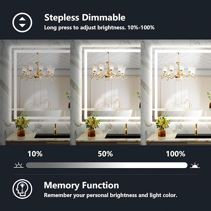 50x36 Inch LED Bathroom Mirror with Lights Front and Backlit Lighted Vanity Mirror for Bathroom Wall with 3 Colors Dimmable Anti-Fog Memory Shatter-Proof IP54 Waterproof Horizontal/Vertical