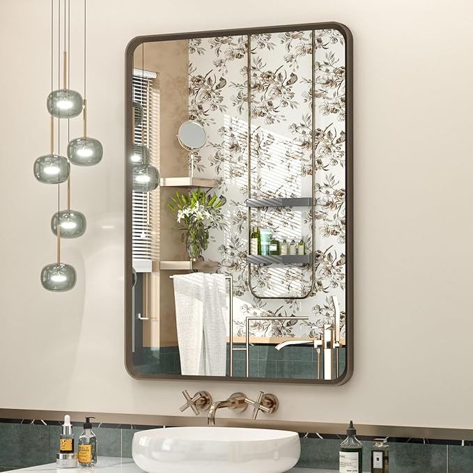 OKPAL 20x28 Bronze Bathroom Mirror, Brushed Metal Bathroom Vanity Mirrors for Wall, Rounded Rectangle Bronze Frame Mirror for Farmhouse, Anti-Rust (Horizontal/Vertical)