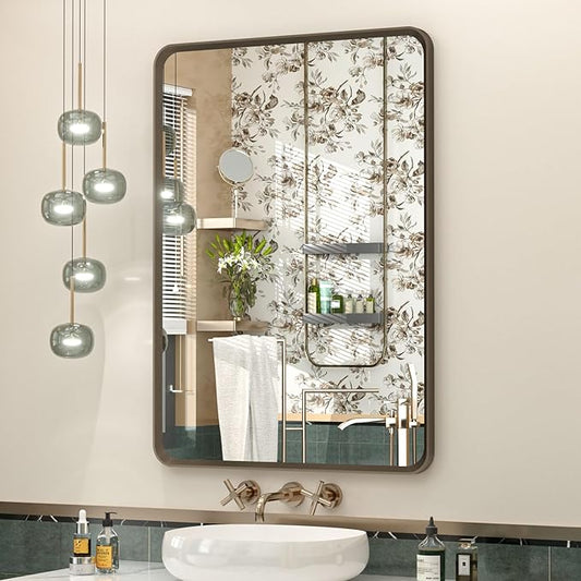 OKPAL 20x28 Bronze Bathroom Mirror, Brushed Metal Bathroom Vanity Mirrors for Wall, Rounded Rectangle Bronze Frame Mirror for Farmhouse, Anti-Rust (Horizontal/Vertical)