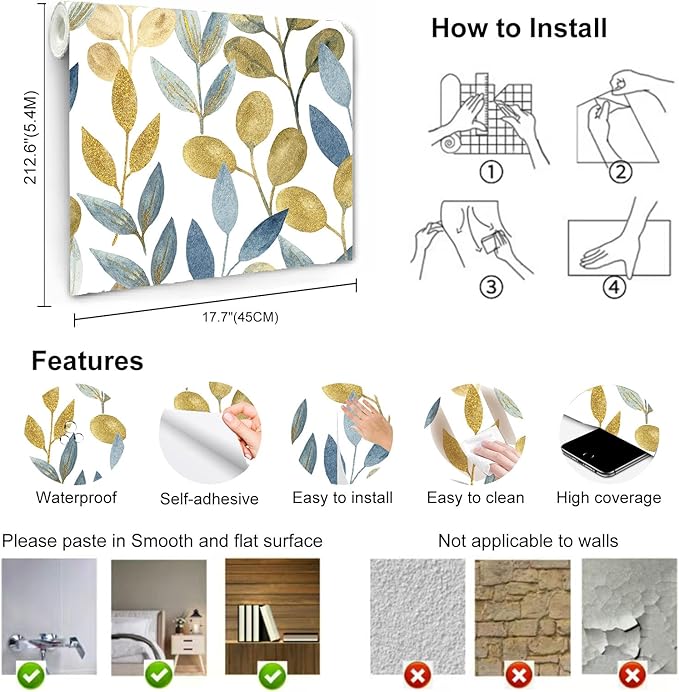Blue Gold Leaf Peel and Stick Wallpaper Modern Self Adhesive Contact Paper Waterproof Removable Wall Paper for Bathroom Cabinets and Drawers 17.7"x212.6" Luxury Decorative Wallpaper