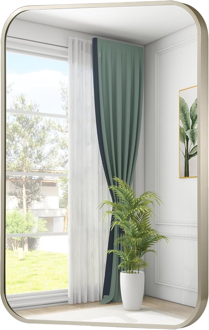 24x36 Inch Brushed Nickel Bathroom Mirror, Framed Rectangle Mirror with Rounded Corner, Brushed Mirror, Silver Bathroom Mirror for Over Sink, Vanity, Living Room, Bedroom, Horizontal/Vertical