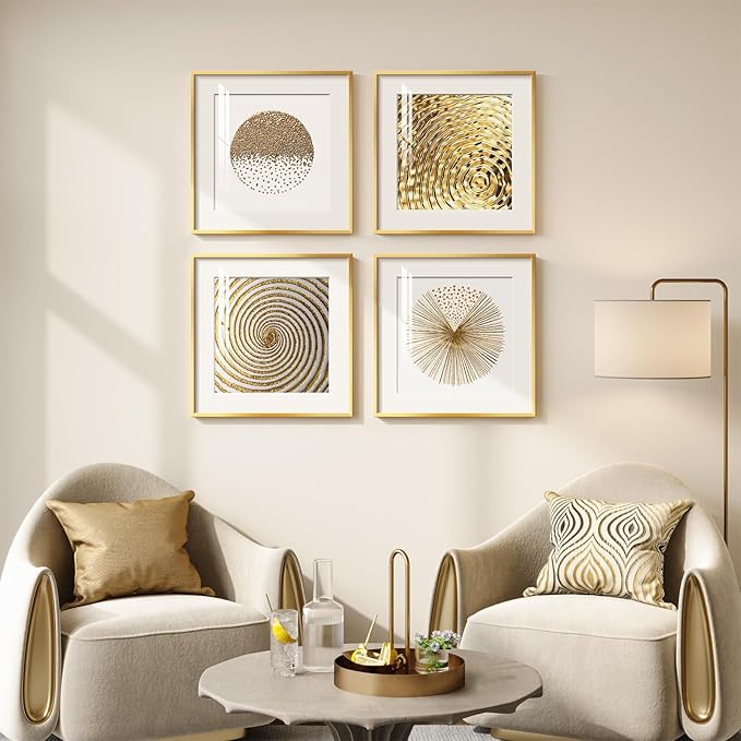 4 Pcs Framed Modern Canvas Wall Art, Gold and White Minimalist Pictures Prints, Luxury Geometric Painting Artwork Home Decoration for Hallway, Bathroom, Dining Room and Living Room