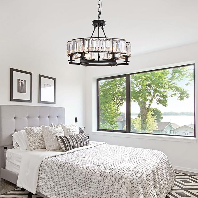 NOXARTE Round Crystal Chandelier 6 Lights Hanging Chandelier Pendant Light Ceiling Fixture Black Iron Frame for Dining Room Living Room Farmhouse D26 Inch x H20 Inch