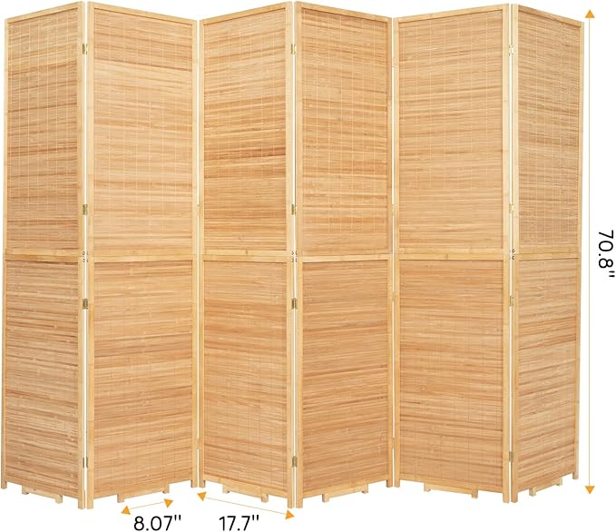 Bamboo Room Divider Folding Privacy Screens, Wall Divider for Room Separation, Portable Room Partitions and Dividers, 5.6FT Bamboo Mesh Woven Room Divider Panel (Brown, 6 Panel)
