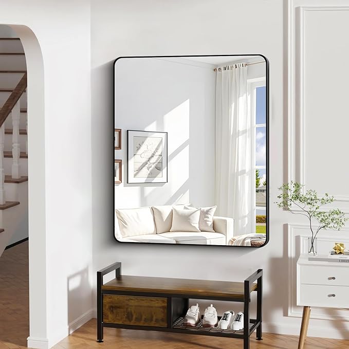 40" x 48"Bathroom Mirror, Matte Black Wall Mirror with Metal Frame, Decorative Rectangular Vanity Mirror for Bedroom Bathroom Living Room Entryway (Horizontal/Vertical)