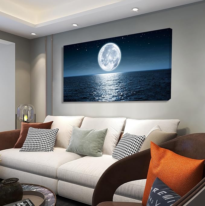 Aibonnly Wall Art Canvas Print Moon Sea Ocean Landscape 1 Panels Full moon Picture Painting Framed and Stretched Ready to Hang for Living Room Bedroom Office Home Decor Artwork 30x60inch