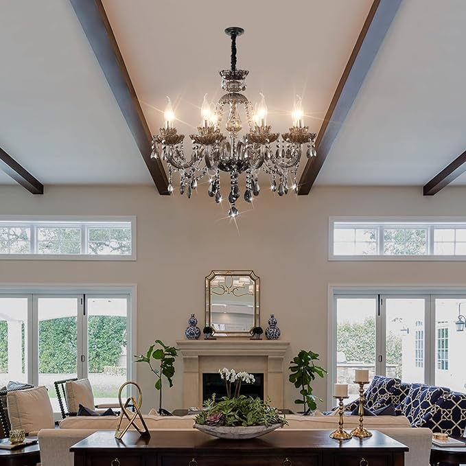 Luxurious Smoky Gray Crystal Chandelier for Living Room, Antique 6-Lights Teardrop Candle Chandelier Pendant Ceiling Lighting Fixture for Kitchen Dinner Party Closet Entryway of CRYSTOP