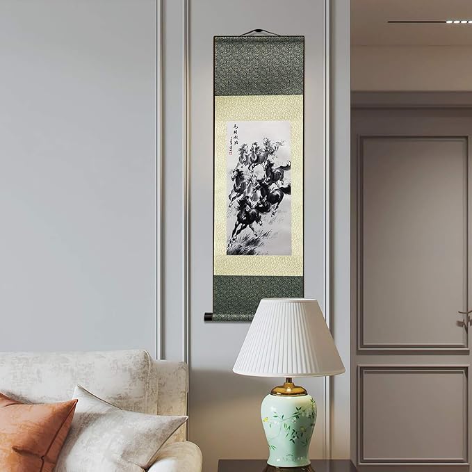 AtfArt Asian Wall Decor Beautiful Silk Scroll Painting Horse to Success - Win Instant Success Oriental Decor Chinese Art Wall Scroll Wall Hanging Painting Scroll (36.2 x 12 in)
