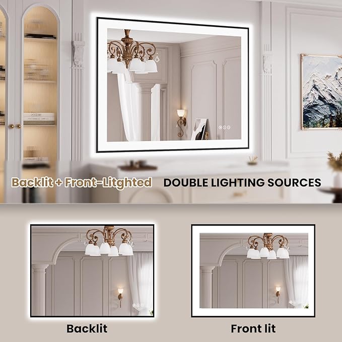 LOAAO 40"X30" LED Bathroom Mirror Black Framed, Anti-Fog, Dimmable, Lighted Bathroom Vanity Mirror for Wall, Memory Function, Tempered Glass