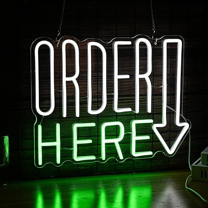 Order Here Neon Sign Cool White Green Letter Neon Light for Wall Decor Dimmable USB LED Light UP Words Sign for Restaurant Shop Bar Business Neon Wall Decor Sign (16.5‘’*11.2‘’）