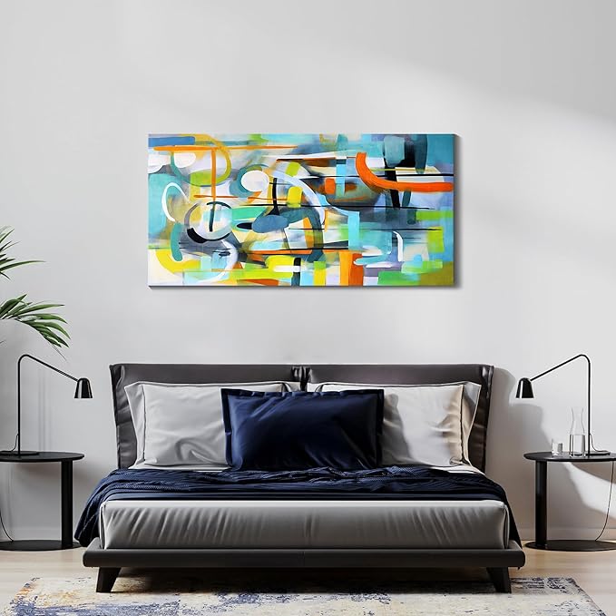 Mofutinpo Colorful Wall Art-Modern Abstract Canvas Wall Art-Teal And Blue Line Art -Pictures for Living Room Wall Decoration- Graffiti Paintings for Bedroom-Office Wall Decor 24×48in