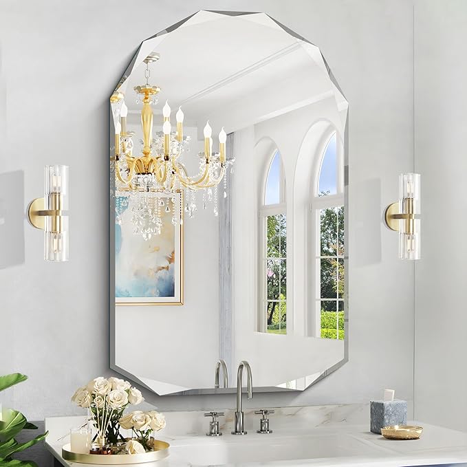 KOCUUY 30"x48" Frameless Mirror, Arched Shape with Diamond-Shaped Beveled Edge,Unframed Decorative with Upgraded Shatterproof Glass,Unique Frameless Mirror for Bathroom,Living Room,Bedroom