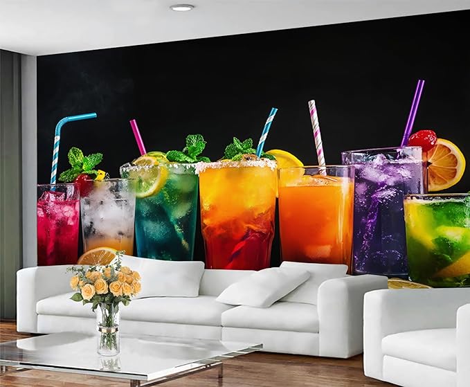 3D Cocktails Mural Wallpaper, Miami Cocktails Murals, Modern Stylish Wall Art Murals Wallpaper for Living Room Bedroom Home Decor Mural - 78.7" W x 39.15" H (Not Peel Stick)