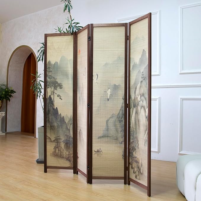 4 Panel Room Divider Screen and Folding Panel Screen,Double Sided Bamboo Divider for Room Separation,Mountains and Waters Landscape,67" H x 63" W