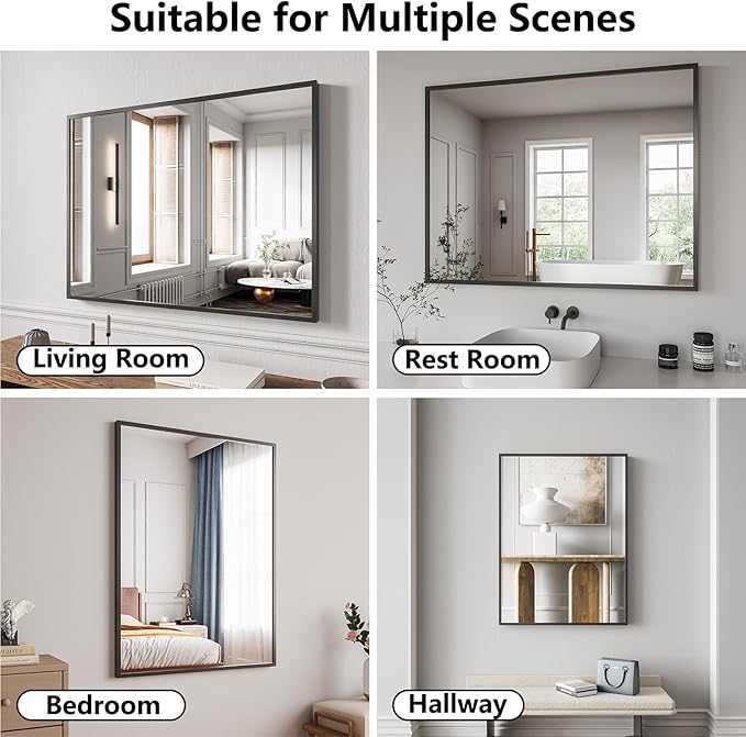 Koonmi Bathroom Mirror 30x40 Black Bathroom Wall-Mounted Mirrors, Modern Vanity Mirror for Bedroom, Living Room, Aluminum Alloy Frame Allow to Hang Horizontally or Vertically
