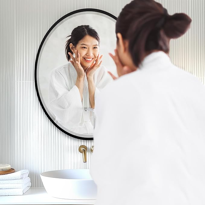 OVALCREST - Oval Wooden Beveled Wall Mirror for Home Decor, Bathroom, Vanity, Bedroom, Living Room, Hallway - London Style (Matte Black) 25.1 x 21.1