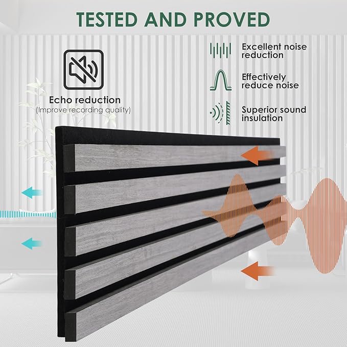 4-Piece Wood Slat Acoustic Panels for Stylish Interior Decor & Noise Reduction - 94.5" x 7.87" 3D Solid Wood Wall Panels for Ceiling and Wall, Covers 20.66 Sq Ft, Grey Oak