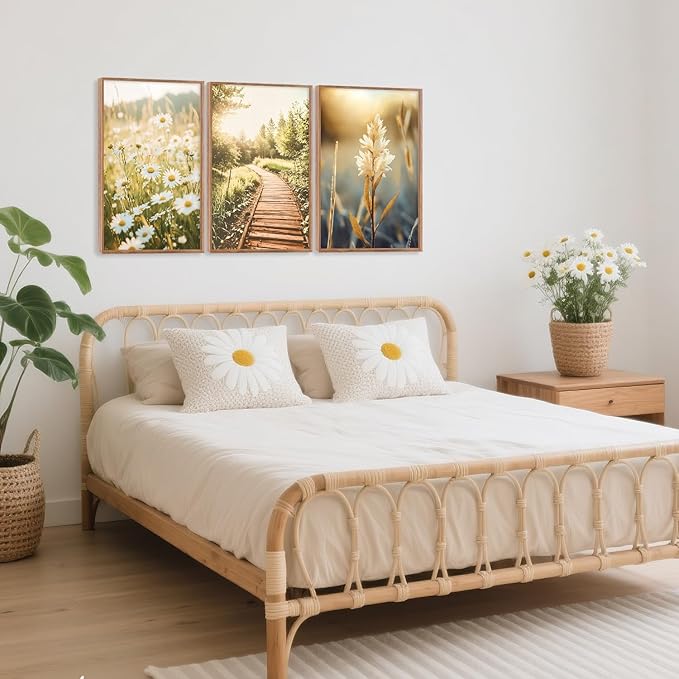 CHDITB Vintage Daisy Field Path Framed Canvas Wall Art Set, Nature Landscape Wall Decor, Nordic Wildflowers Wall Painting, Daisies Floral Art Prints for Living Room Bedroom Office-Size 16"x24"x3