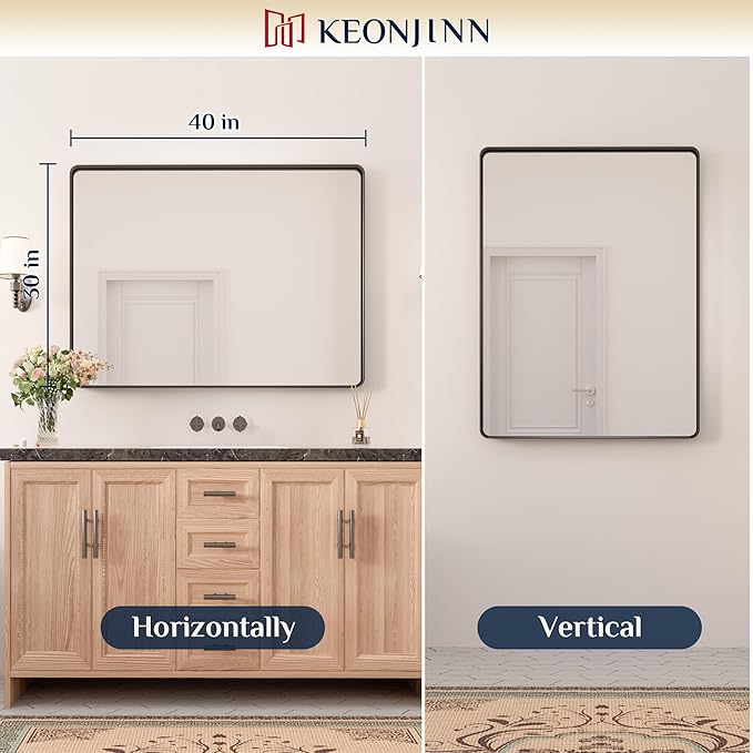 Keonjinn Black Framed Mirror for Bathroom 40 x 30 Inch Rounded Rectangle Wall Mirror, Matte Black Vanity Mirror for Over Sink, Tempered Glass Farmhouse Mirrors Seamless Metal Frame
