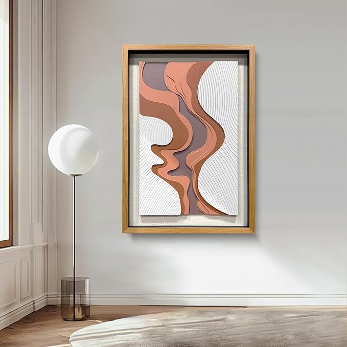 BrightA 5-Layer Wood ReliefWooden Wall Art Fluid Curves in Warm Brown & Ash Grey with Linear Grain Background, Framed in Solid Wood & Tempered Glass for Contemporary Walls 27.5"x39.4"