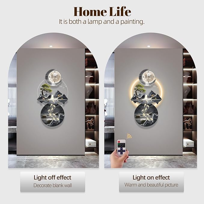 LED Light Art Wall Decor, 3D Art Wall Decor Clock, Decor Wall Sculptures with Lights, Modern Home Decor Landscape Wall Sculpture, Plug-in Power Supply, Blue a, 19x39IN