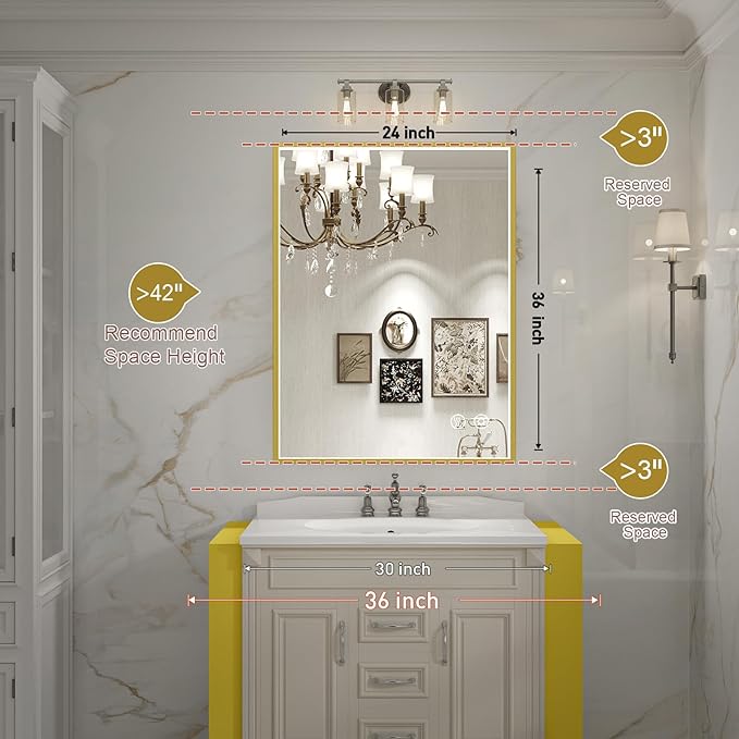 24x36 Inch LED Bathroom Mirror with Lights,Wall Mounted Lighted Mirrors with Non-Rusting Gold Metal Frame Anti-Fog Memory Funtion Stepless Dimmable, CRI90+,Waterproof
