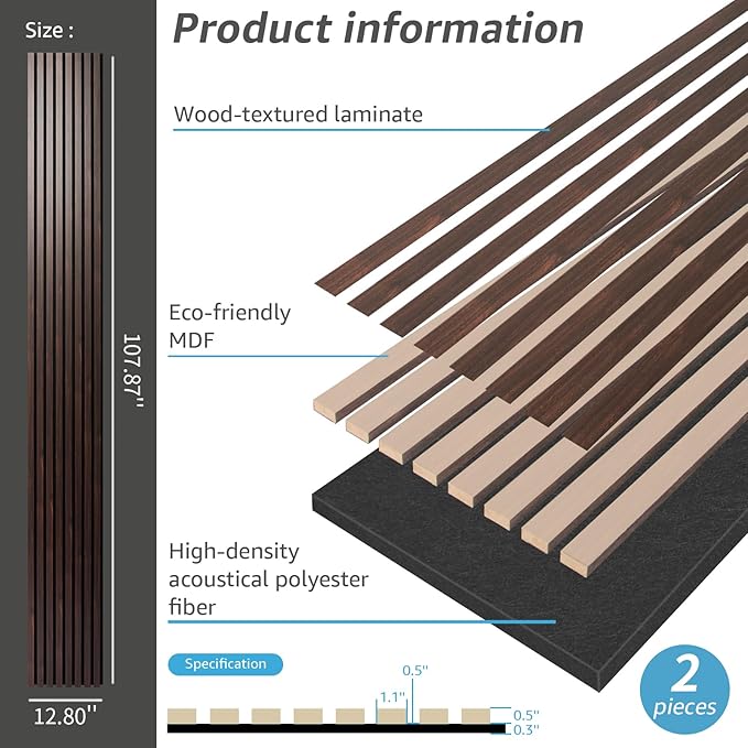 Art3dwallpanels Wood Slat Wall Panel, 108'' x 13'' Wood Panels for Wall 2 Pack 3D Soundproof Wall Panels, Large Acoustic Panels for Interior Ceiling and Wall Decor Noise Reduction,Walnut