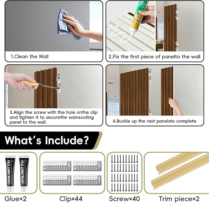 18Pack WPC Wainscoting Panels, 48.2 x 6.2 Inches 3D Accent Wall Panels for Interior Wall Decor, Fluted Wood Paneling for Living Room, TV Background, Office, Bedroom (Teak)