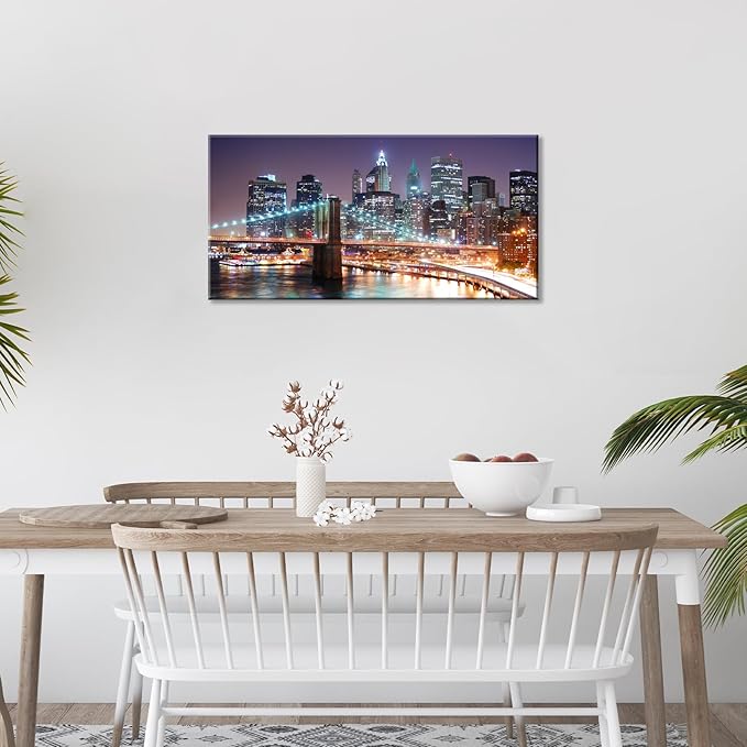 NAN Wind 1PCS New York City Skyline Canvas Wall Art Brooklyn Bridge at Sunset Golden Hour Manhattan Cityscape Pictures Canvas Artwork East River Reflection Modern Urban Home Decor Living Room Office