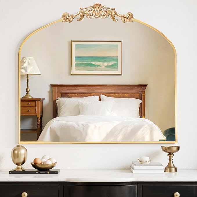 MISSDAY Vintage Arched Baroque Mirror for Wall, 36"X30" Antique Wall Mirror with Elegant Carving Top, Full Metal Frame Wall-Mounted Mirror for Bathroom, Living Room, Fireplace, Entryway, Hallway, Gold