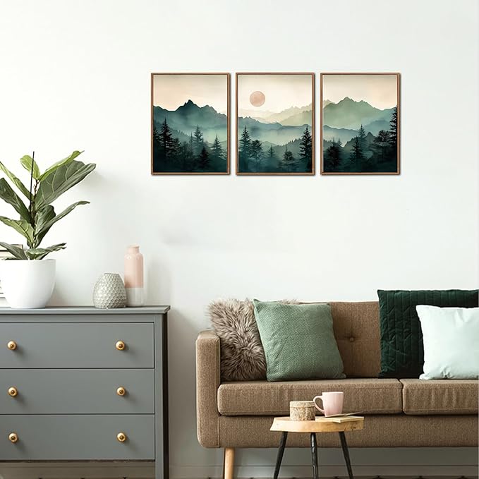 LHIUEM Boho Mountain Framed Canvas Set Forest Pine Tree Decor Mountain Cabin Framed Art Nature Sunrise Wilderness Landscape Art Painting Boho Decor Wall for Living Room Bedroom Dining Room Office