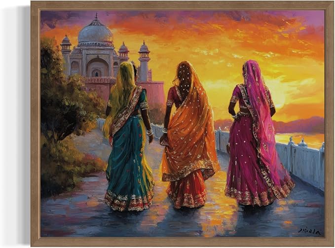 India Art Print Poster, Asia Oriental Countries Culture Wall Art Asian Paintings for Bedroom Bathroom Living Room Decor 97 (India, 24 x 36 inches, Wood Frame)