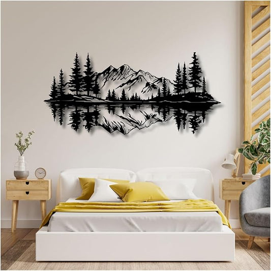 Mountain View Metal Wall Art,Nature Landscape Home Decor with Reflection,Black Iron Sculpture for Bedroom Garden Living Room Outdoor Office(Black,35 x17 in/90x42 cm)