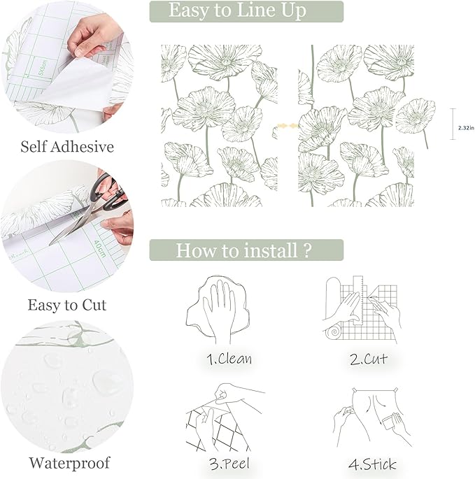 Orainege Floral Peel and Stick Wallpaper Boho Contact Paper Green and White Wallpaper 17.3inx196.8in Self Adhesive Removable Decorative Wall Paper for Bedroom Bathroom Cabinets Decor Vinyl