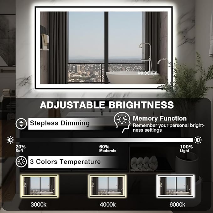 48x30 LED Bathroom Mirror - Black Aluminum Framed, Anti-Fog Lighted Vanity Mirror, Stepless Dimmable, 3 Colors Smart Mirror