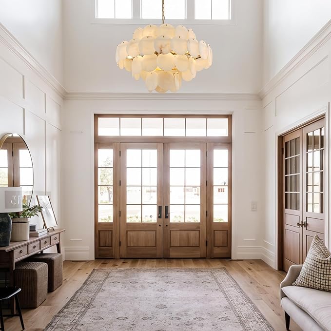 Natural Alabaster Round Chandelier, 31.5" Modern Marble Chandelier with 50 Stone Texture Panels, 12-Light Dimmable Spanish Alabaster Chandeliers for Living Room, Dining Room, Hallway