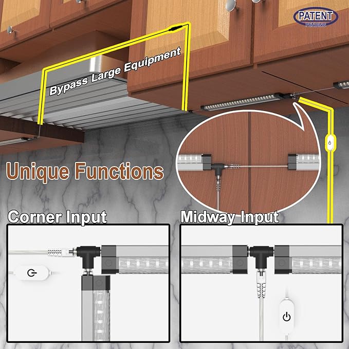LED under cabinet lights Built-in 45cm/18" Adjustable Cable as Long as you Want Mid Input Jack easy access to power at the location closest to the plug 3Pcs 1350Lm 4500K Super Bright for Pantry Garage