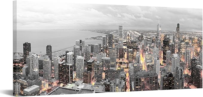 Conipit Black and White Canvas Wall Art Chicago Skyline Cityscape Canvas Print Chicago Panorama Picture Prints Framed for Living Room Bedroom Office Decor 20''X48''