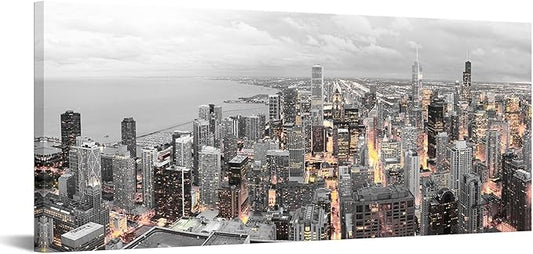 Conipit Black and White Canvas Wall Art Chicago Skyline Cityscape Canvas Print Chicago Panorama Picture Prints Framed for Living Room Bedroom Office Decor 20''X48''