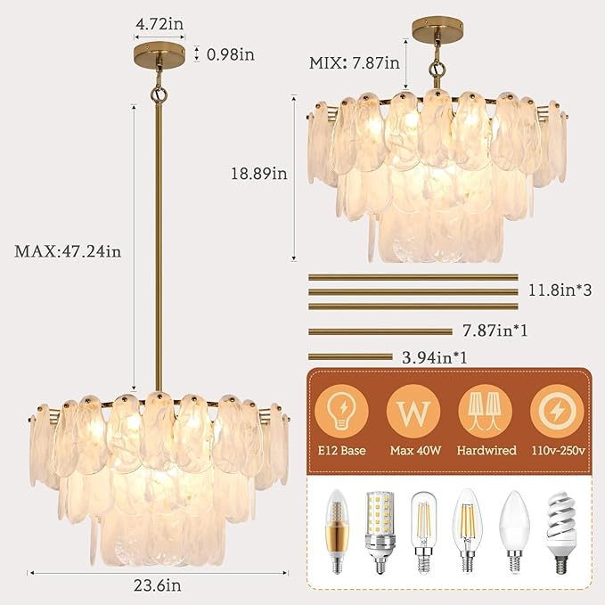Modern Gold Glass Chandeliers, 9-Light Luxury Cloud Pendant Light Fixture, 3-Tiers Round Ceiling Hanging Light Fixture for Bedroom Dining Room Kitchen Island Living Room Entryway Bar L23.6'' (E12)